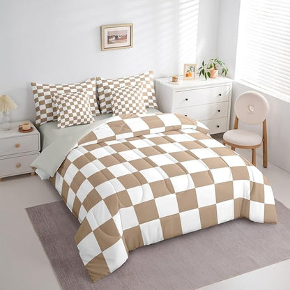 Feelyou Checkered Full Comforter Set with Sheets for Kids Boys Girls Brown Plaid 7 Pieces Bedding Set Vintage Checkerboard Geometric Bed in a Bag Reversible Grey Room Decor Soft