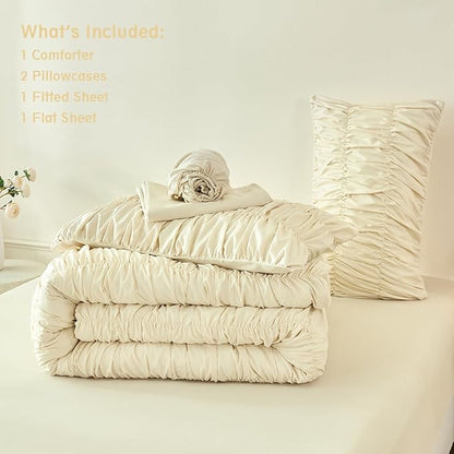 PERFEMET Beige Ruched Comforter Set Full Size, 5 Pieces Boho Ruffle Bed in a Bag with Sheets, Soft Fluffy Pleated Texture Bedding Set All Season Lightweight Shabby Chic Bed Set(Beige, Full)
