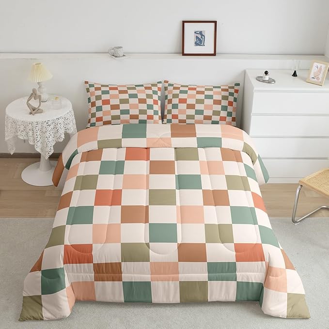 Feelyou Multicolored Checkered Retro Bedding Set Kids Boys Girls Geometric Vintage Comforter Set Full Size Ivory White Colorful Duvet Insert Modern Simple Groovy Aesthetic Room Decor