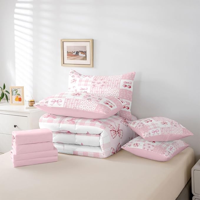 Feelyou Pink Bow Comforter Set with Sheets 7 Piece Queen Size Cherry Prints Bed in a Bag Kids Boys Girls Heart Pattern Bedding Set Cute Bowknot Bedroom Decor Breathable Soft Lightweight Microfiber