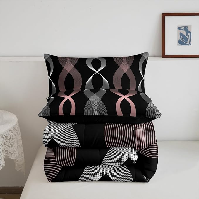 Erosebridal Pink and Black Queen Comforter Set for Girls, Boho Pink Striped Abstract Bedding Set, Contemporary Aesthetic Ombre Line Comforter for Women Teens Bedroom, Modern Geometric Stripes Quilt