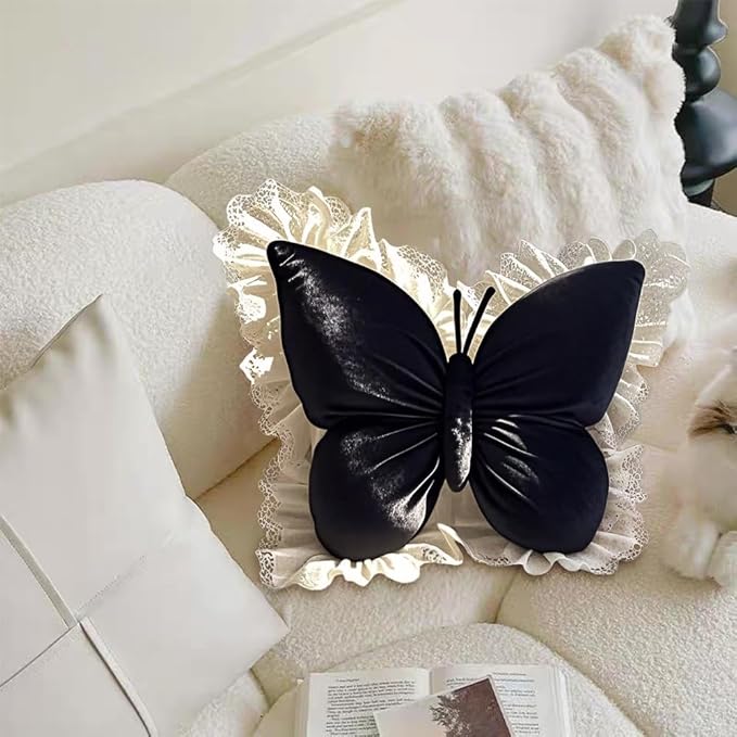 Butterfly Throw Pillow, Butterfly Shaped Decorative Pillow for Sofa Couch Bed, Plush Velvet Lumbar Support Cushion for Office Chair & Car Seat (Black)