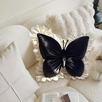 Butterfly Throw Pillow,21.6 inch Velvet Butterfly Decorative Pillow with Lace Trim,Animal Pillow for Couch Living Room Bed,Home Garden Decor (Black)