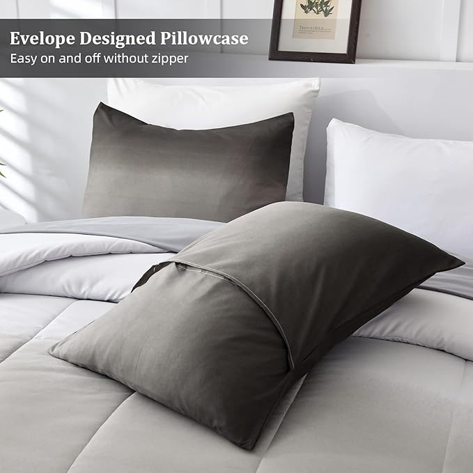 Grey Comforter Set Queen Size 7 Pieces Ombre Effects Gradient Black and Grey Bedding Bed in a Bag - All Season Lightweight Microfiber Bedding Sets with Comforter for Women Men Teens (90" x90")