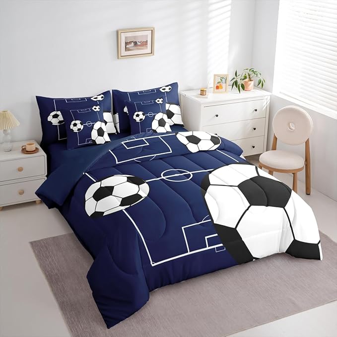 Erosebridal Football Bedding Set King Size 7 Pieces Boys Sports Theme for Teens Soccer Ball Pattern Bed in a Bag Football Court Comforter Set with Sheets Playground Blue White for Kids Girls