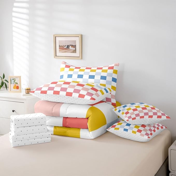 Feelyou Multicolored Checkered Retro Comforter Set with Sheets 7 Piece Full Size Geometric Cute Bed in a Bag Kids Boys Girls Colorful Bedding Set Modern Groovy Aesthetic Bedroom Decor Breathable Soft