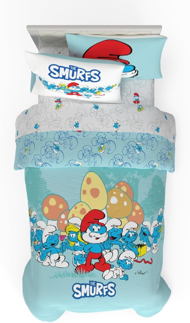 Franco The Smurfs Bedding Super Soft Cozy Reversible Comforter and Sheet Set, 4 Piece Twin Size, (Officially Licensed Product)