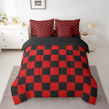 Feelyou Checkered 7 Piece Bedding Set Teen Red Black Plaid Comforter Set with Sheets Queen Size Kids Boys Cute Retro Neutral Checkerboard Geometric Bed in a Bag Vintage Aesthetic Room Decor