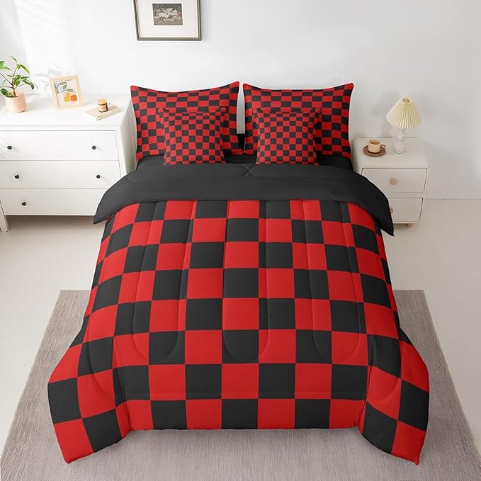 Feelyou Checkered 7 Piece Bedding Set Teen Red Black Plaid Comforter Set with Sheets Twin Size Kids Boys Cute Retro Neutral Checkerboard Geometric Bed in a Bag Vintage Aesthetic Room Decor