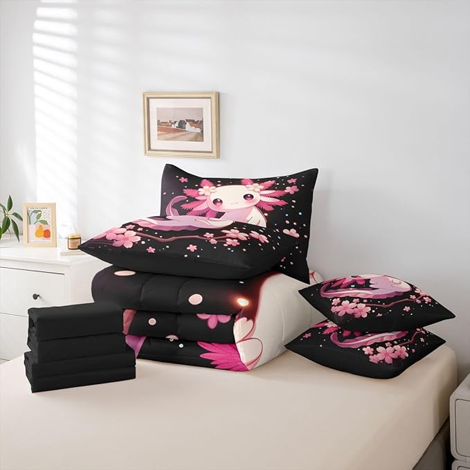 Erosebridal Cartoon Axolotl 7 Piece Comforter Set Queen | Wildlife Cherry Blossom Japanese Bed in A Bag Underwater World Pink Salamander Sheet Set Ocean Animal Fitted Sheet Breathable Lightweight