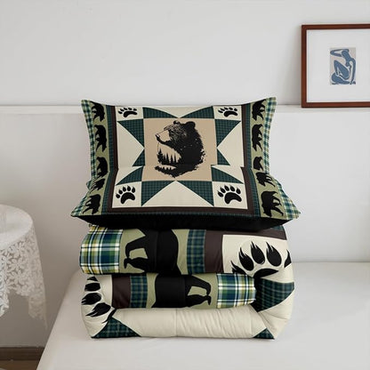 Erosebridal Black Bear Comforter Set Western Bedding Set Twin Patchwork Geometric Triangle Lattice Quilt Woodland Wildlife Bear Paw Print Duvet Insert,Green Checkered Buffalo Plaid Decor
