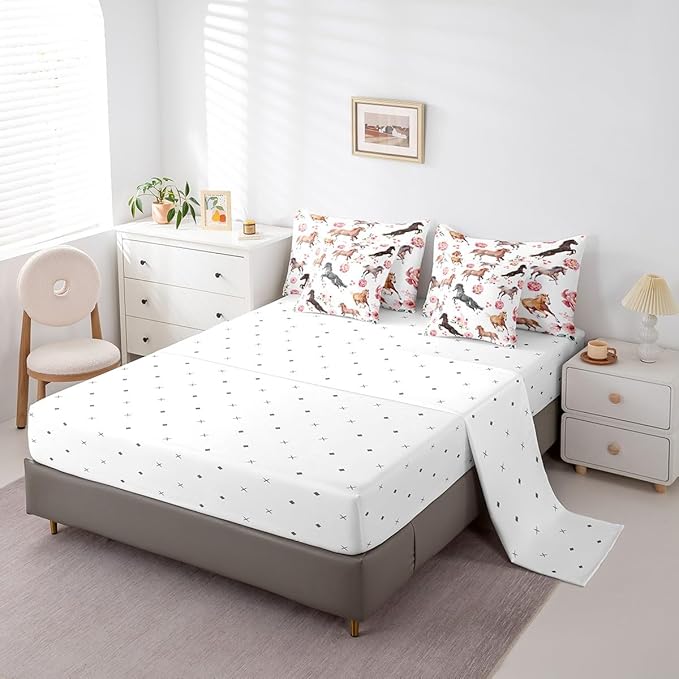 Erosebridal 7 Pcs Horse Comforter Set Full Size,Romantic Cowboy Cowgirl Bed in a Bag with Flat Sheet and Fitted Sheet for Kids and Adults,Pink Rose Horse Bedding Set with Pillowcases and Cushion Cases