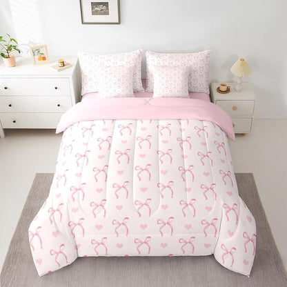 Erosebridal Pink Bow Love Hearts Pink 7 Piece Bedding Set Twin | Bowknot Kawaii Cute Comforter Set with Sheets Princess Dreamy Ribbon Bed in A Bag Girls Women Teens Bed Sets