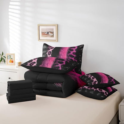 jejeloiu 3D Pink Leopard 7 Piece Bedding Set Full Size Adult Leopard Comforter Set with Sheets for Boys Girls Animal Print Bed in a Bag Wild Animal Fur Bed Set