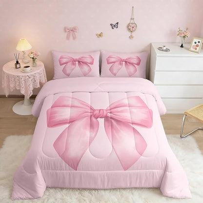 Feelyou Pink Bow Comforter Set All Season Cute Bowknot Bedding Set with 2 Pillow Cases Pricess Style Microfiber Kids King Bedclothes Kawaii Bedroom Decor Duvet Quilt Breathable Soft Lightweight
