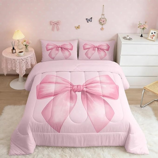 Feelyou Pink Bow Comforter Set All Season Cute Bowknot Bedding Set with 1 Pillow Cases Pricess Style Microfiber Kids Toddler Bedclothes Kawaii Bedroom Decor Duvet Quilt Breathable Soft Lightweight
