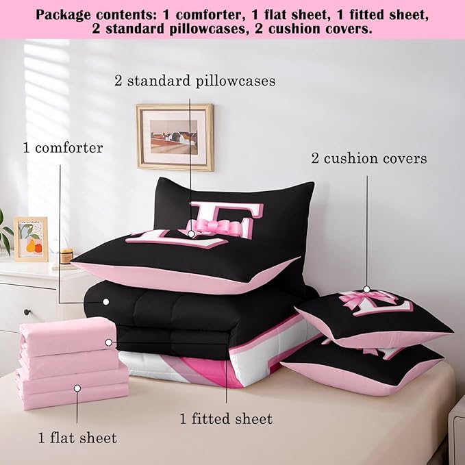 jejeloiu Kids Girls Black Pink Bow Comforter Set with Sheets King Size Monogrammed 7 Piece Bedding Set Personalized Initial E Bed in a Bag with Comforter,Sheets,Pillowcases Modern Fashion Bed Set