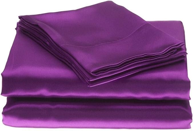 100% Pure Silk Satin Sheet 4pcs, Silk Fitted Sheet 15" Deep Pocket Mattress fit,Silk Flat Sheet&Silk Pillowcases Cool Soft Silk Sheets|Wrinkle Free Fade Resistant Short Queen Purple
