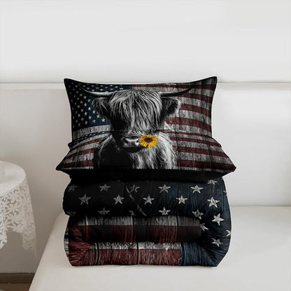 Feelyou Highland Cattle Bedding Set Sunflower Highland Cow Comforter Set for Kids Boys Girls America Flag Bull Comforter Animal Quilt Set 1 Comforter Set with 2 Pillowcases King Size