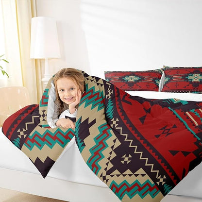 Western Bedding Comforter Set Full Size,America Southwest Aztec Tribal Quilted Duvet 3pcs for Teens Kids Girls Women Bedroom Decor,Rustic Red Brown Duvet Insert with 2 Pillowcases