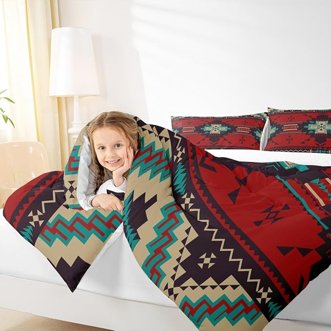 Western Bedding Comforter Set Twin Size,America Southwest Aztec Tribal Quilted Duvet 2pcs for Teens Kids Girls Women Bedroom Decor,Rustic Red Brown Duvet Insert with 1 Pillowcase