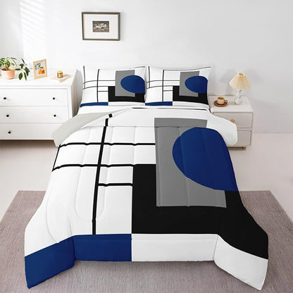 Erosebridal White Black Blue Striped King Bedding Set Boho Modern Geometric Abstract Comforter Set for Adult Women Men Stripes Lines Bed Collections Minimalist Square and Circle Quilt Sets