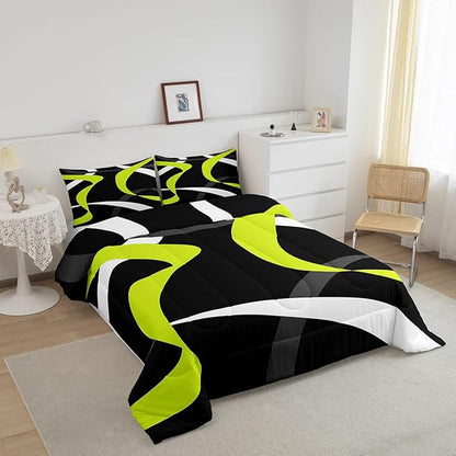 Erosebridal Abstract Black Lime Green Comforter Set Dark Grey White Striped Bedding Set Queen for Kids Boys Teen Men Geometric Swirl Stripes Bedding Comforter Sets Modern Fashion Quilt Duvet