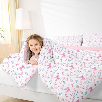 Erosebridal Bowknot Comforter Set for Girls, Dreamy Princess Style Twin Size Down Comforter, Cute Bow Tie Cartoon Quilt for Kids Teens Women Room, Girly Kawaii Bedding Set, Pink Blue