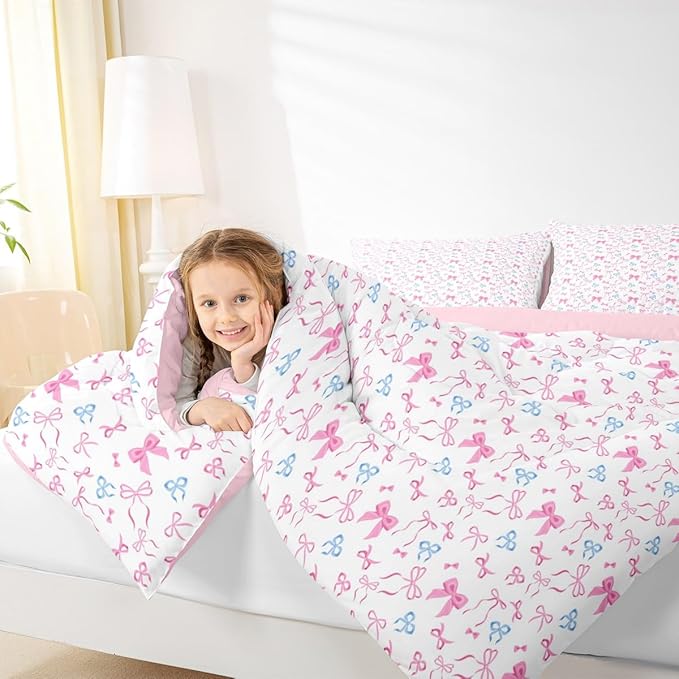 Erosebridal Bowknot Comforter Set for Girls, Dreamy Princess Style King Size Down Comforter, Cute Bow Tie Cartoon Quilt for Kids Teens Women Room, Girly Kawaii Bedding Set, Pink Blue