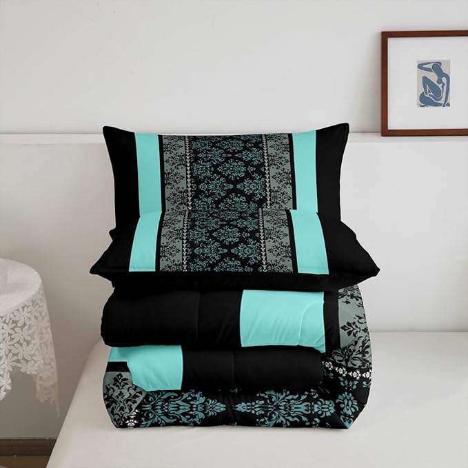 jejeloiu Adult Classic Jacquard Bedding Set Full Size Damask Pattern Comforter Set for Boys Girls Black Teal Stripe Duvet Set Baroque Quilt Set 3Pcs