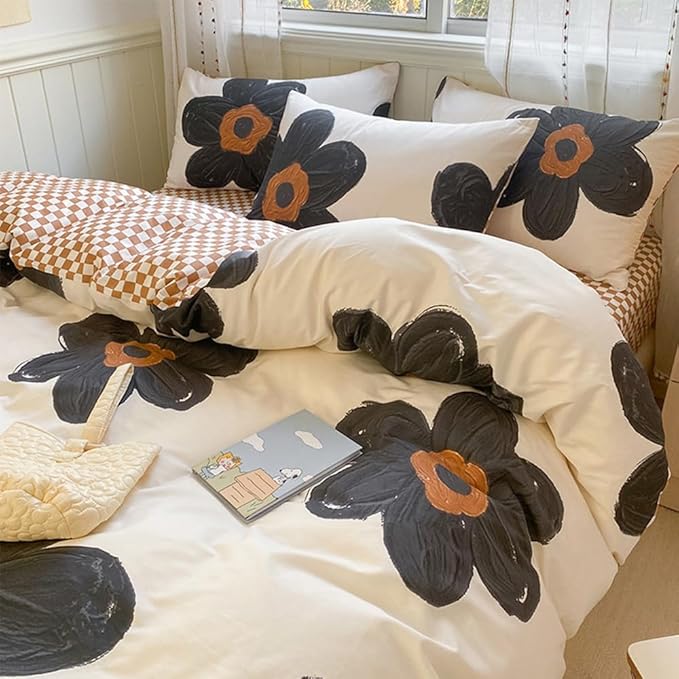 CLOTHKNOW Black Sunflower California King Comforter Set Floral Bedding Comforter Sets Brown Grid Comforter Boho Comforter Sets Cal King