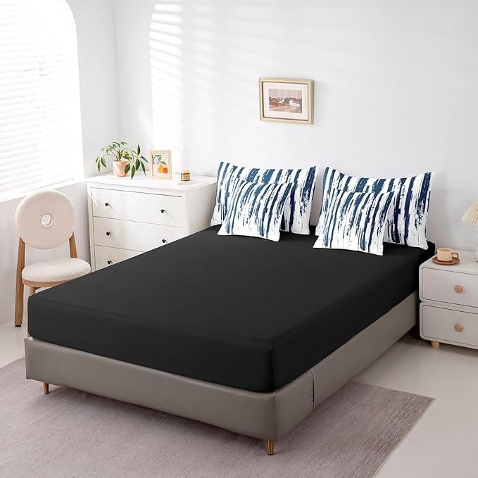 Erosebridal 7Pcs Navy Blue King Comforter Set,Geometric Stripes Striped Abstract Bed in A Bag for Women Men Adults Teens,Modern Art Aesthetic Watercolor Graffiti Ink Painting Bedding with Bed Sheets