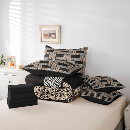 Leopard Print 7 Pcs Comforter Set Full,Wildlife Zebra Cow Skin Bedding Set with Comforter,Pillowcases,Pillow Covers,Flat Sheet,Fitted Sheet,Animals Fur Splice Patchwork Bedding for Room Decor