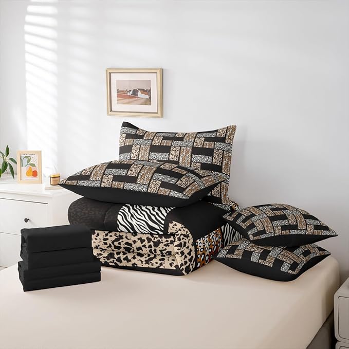 Castle Fairy Leopard Print Bedding Set 7 Pieces,Wildlife Zebra Cow Skin Comforter Set with Sheets for Kids Teens Bedroom Decor,Animals Fur Splice Patchwork Bed Set in a Bag with Pillow Covers,Twin