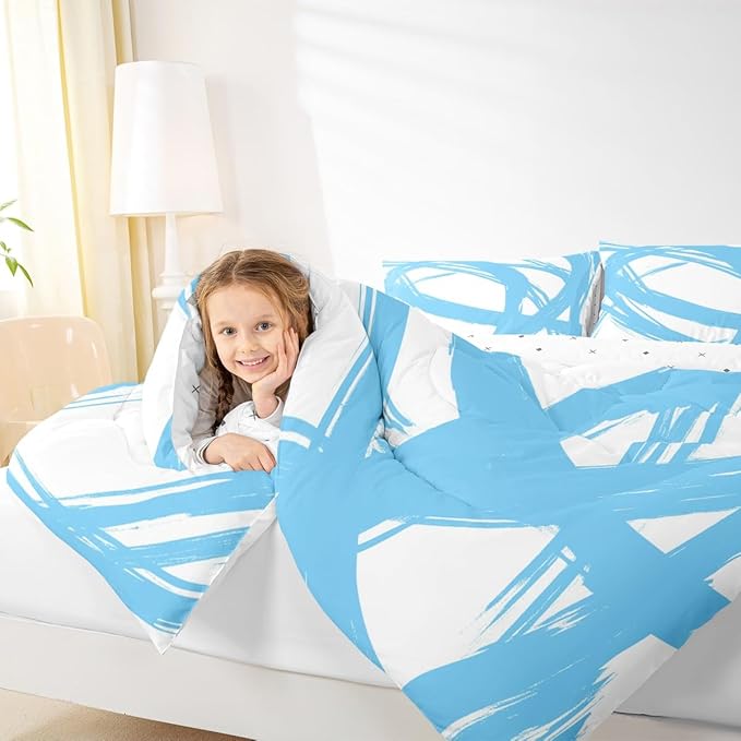 Blue and White Abstarct Comforter Set Twin Size for Kids Boys Girs,Graffiti Stripes Lines Bedding Set,Aesthetic Geometric Duvet Insert for Minimalists,Contemporary Boho Modern Art Quilt