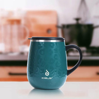 Ideus 16 oz (470 ml) Insulated Coffee Mug with Handle and Lid, Double Wall Stainless Steel Vacuum Thermal Coffee Mug, Travel Coffee Cup Thermal Cup for Home and Office, Leopard Green