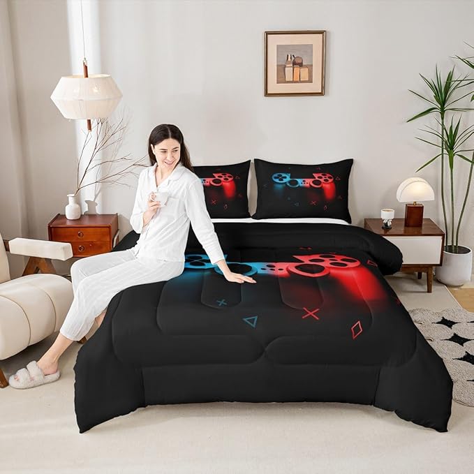 Erosebridal Gaming Comforter Set Twin Size for Boys Kids Game Room Decor Video Game Gamer Comforter Man Teens Bedroom Gamepad Bedding Set All Season,Black Blue Red
