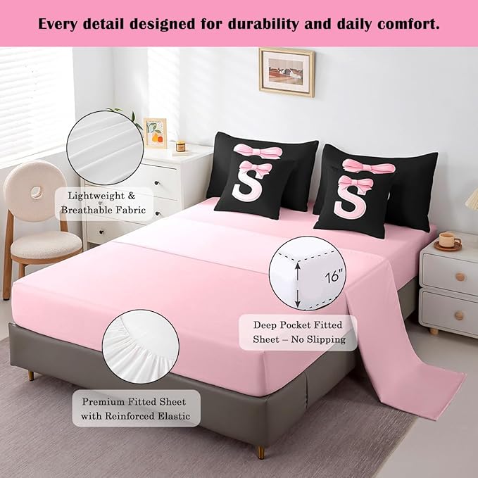 jejeloiu Kawaii Pink Bow King Comforter Set with Sheets,Gifts for Women Teen Girl,Monogrammed 7 Piece Bedding Set,Soft Personalized Initial Letter S Bed in a Bag with Comforter,Sheets,Pillowcases