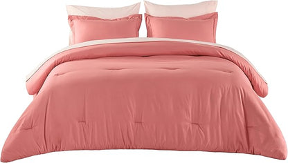 Bedsure Twin Comforter Set - 5 Pieces Coral Twin Bedding Set for All Seasons, Boho Contrasting Design Bed in a Bag with Comforter, Sheets, Pillowcase & Sham