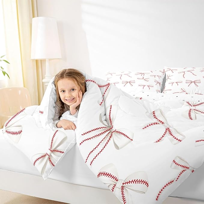 Bowknot Baseball Bedding Sets King Size,Red Lines White Bow Knot Comforter Set 3Pcs for Kids Girls Boys Women Room Decor,Baseball Sports Gaming Quilted Duvet Modern Soft Down Comforter,2 Pillowcases