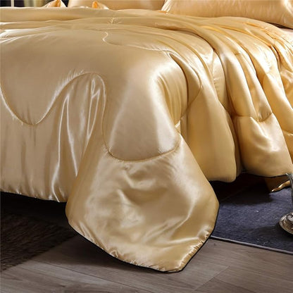 NTBED Sexy Silky Satin Comforter Sets Queen Golden Lightweight Soft Luxury Quilt 3-Pieces Microfiber Bedding Set Yellow (Gold, Queen)