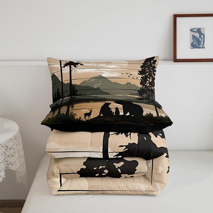 Feelyou Retro Bear Family Bedding Set Wild Animal Hunt Comforter Set for Kids Boys Girls Rustic Farmhouse Comforter Retro Cabin Quilt Set Bedroom Collection 2Pcs Twin Size