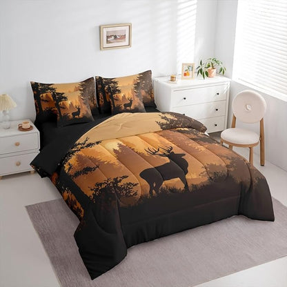 Erosebridal Woodland Deer Comforter Set King Size for Kids Boys Girls - 7 Pieces Hunting Antler Moose Bedding Set with Sheets Country Rustic Farmhouse Quilt Set Wild Animal Bed in A Bag