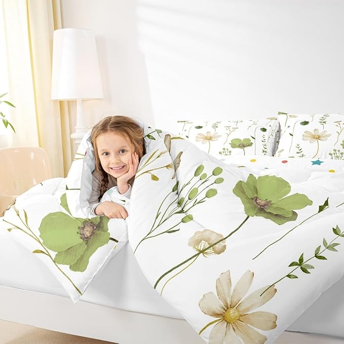 Erosebridal Watercolor Flower Comforter Set Twin, Olive Green Beige Floral Bedding Set for Kids Teens Adult Women, Modern Minimalist White Quilt Branches Pastoral Duvet Insert with 1 Pillow Case
