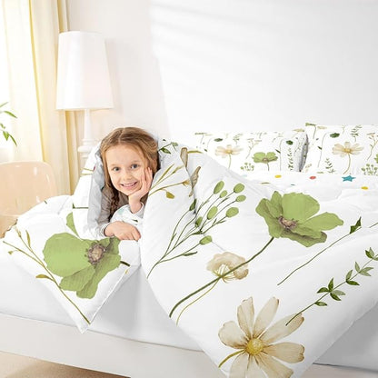 Erosebridal Watercolor Flower Comforter Set Twin, Olive Green Beige Floral Bedding Set for Kids Teens Adult Women, Modern Minimalist White Quilt Branches Pastoral Duvet Insert with 1 Pillow Case