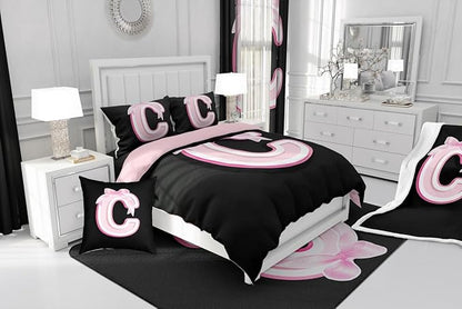 jejeloiu Kids Girls Black Pink Bow Comforter Set with Sheets Queen Size Monogrammed 7 Piece Bedding Set Personalized Initial C Bed in a Bag with Comforter,Sheets,Pillowcases Modern Fashion Bed Set