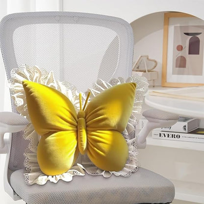 Butterfly Throw Pillow,21.6 inch Velvet Butterfly Decorative Pillow with Lace Trim,Animal Pillow for Couch Living Room Bed,Home Garden Decor (Yellow)