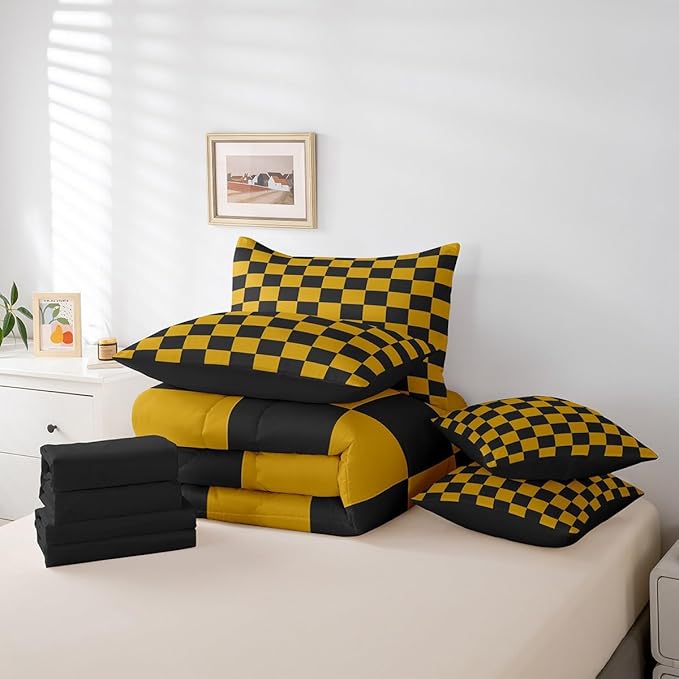 Feelyou Checkered 7 Piece Bedding Set Teen Yellow Black Plaid Comforter Set with Sheets Twin Size Kids Boys Cute Retro Neutral Checkerboard Geometric Bed in a Bag Vintage Aesthetic Room Decor