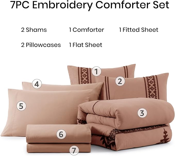 MaiRêve Embroidery Comforter Set, Boho Farmhouse Western Bedding Set, All Season Bed in A Bag Comforter Set with Sheets, Pillowcases & Shams, Dusty Pink King 7 Pieces