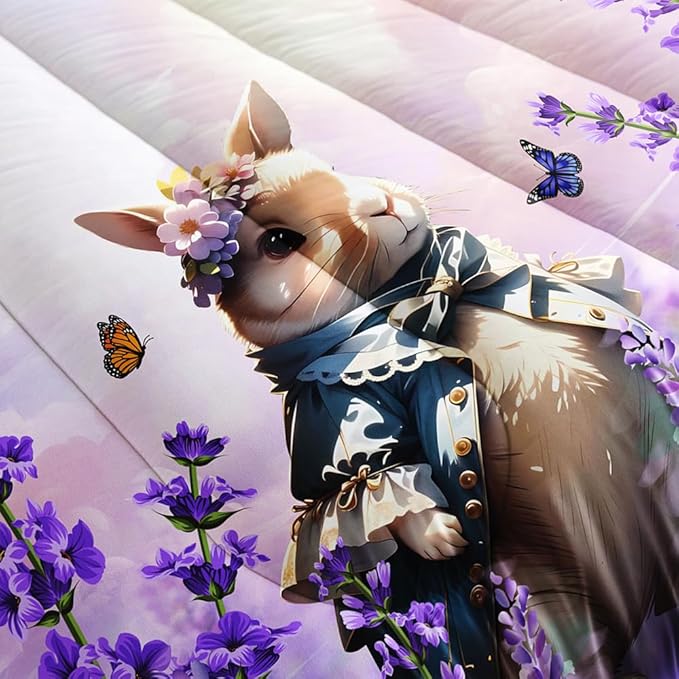 Lavender Rabbit Comforter Twin Kids Rabbit Bedding Set Cute Bunny Quilt Bed Set Bedroom Decor Includes 1 Comforter, 2 Pillowcases for Girls Boys Teens
